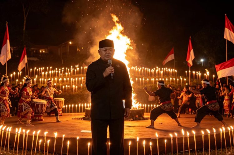 Seribu Obor Terangi Malam Kemerdekaan di Curug Batu Blek, Santanamekar